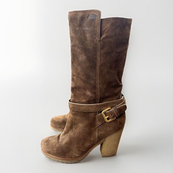 Prada Brown Suede Heeled Boots Size 7 Italy - Picture 1 of 10